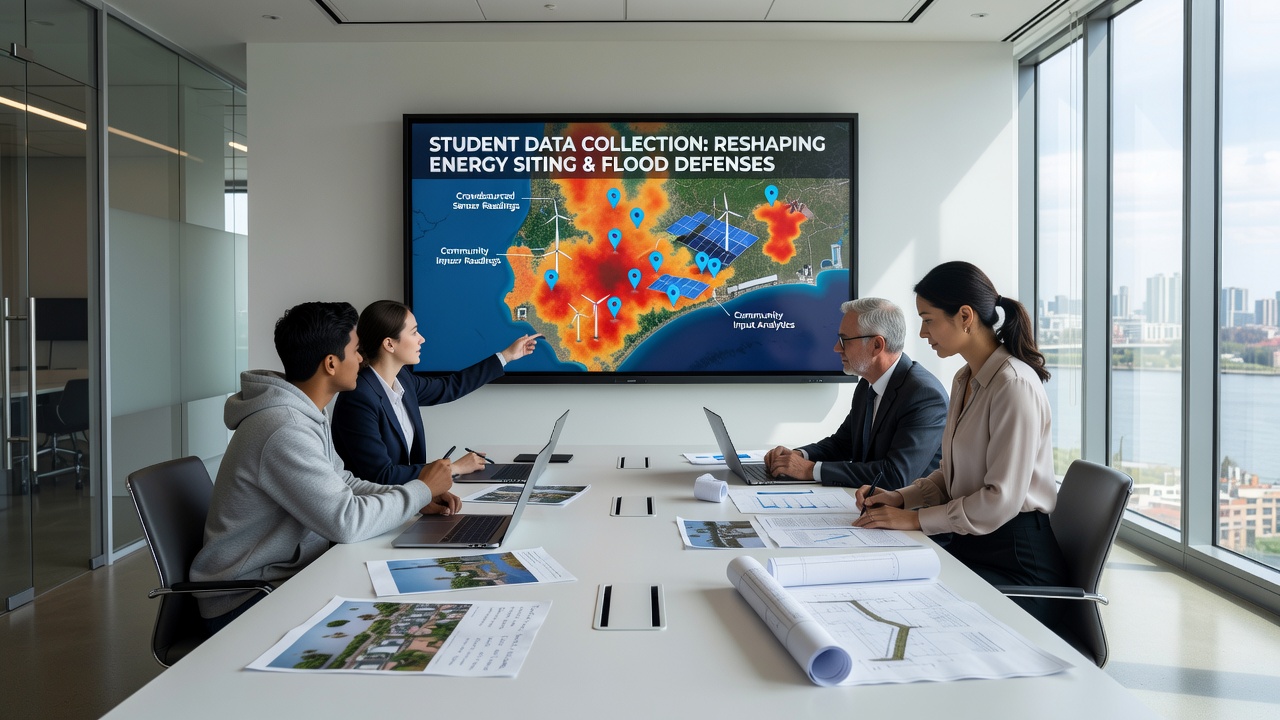 Classroom presentation of mapped data overlays showing proposed energy sites relative to flood-prone residential zones