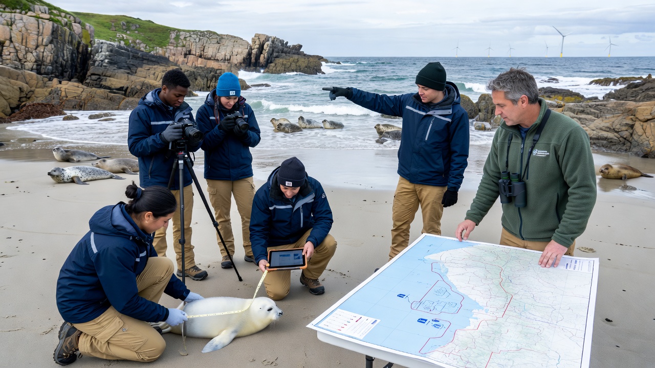 Students using GPS devices to map seal haul-out locations while noting nearby proposed transport routes for wind energy equipment