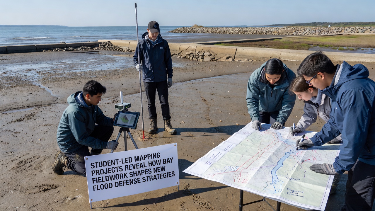 Drone view of students mapping tidal channels and marsh edges in the bay